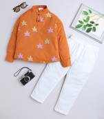 Orange cotton printed kurta pajama for boys