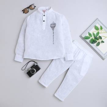White cotton printed kurta pajama for boys 1