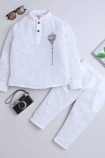 White cotton printed kurta pajama for boys
