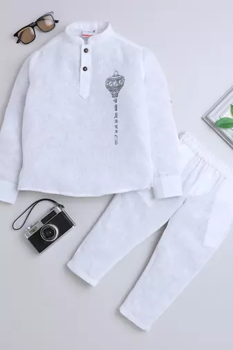 White cotton printed kurta pajama for boys