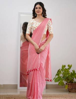 Tissue Cotton Handloom Saree With Printed Unstitched Blouse Piece 1