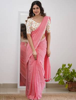 Tissue Cotton Handloom Saree With Printed Unstitched Blouse Piece 7