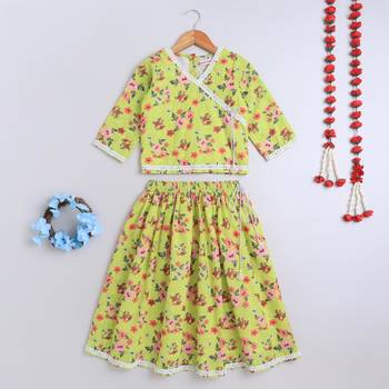 Green cotton printed lehnga choli for girls 1