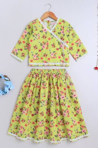 Green cotton printed lehnga choli for girls