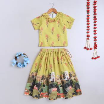 Yellow cotton printed lehnga choli for girls 1