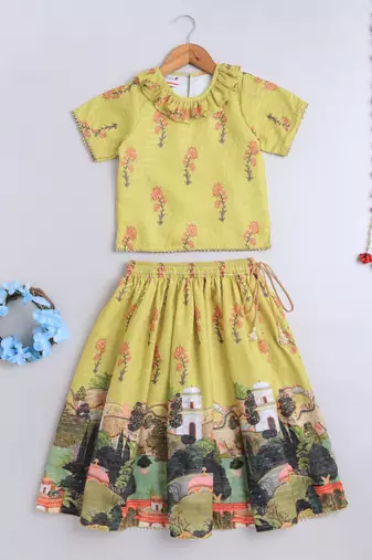 Yellow cotton printed lehnga choli for girls