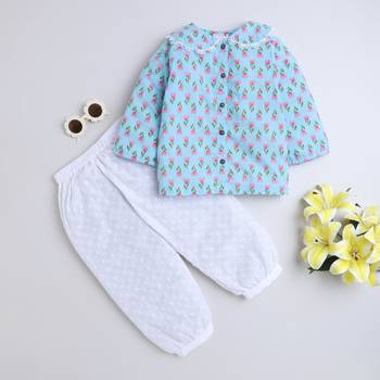 Blue cotton printed top and pant set for girls 1