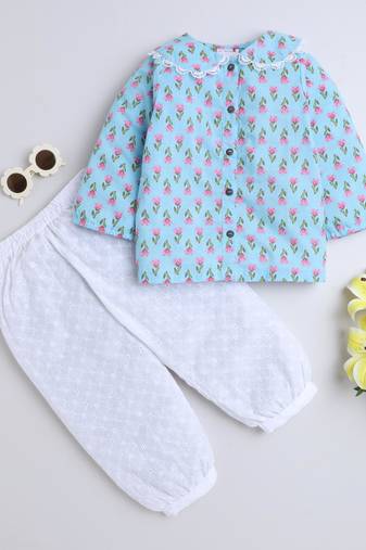 Blue cotton printed top and pant set for girls