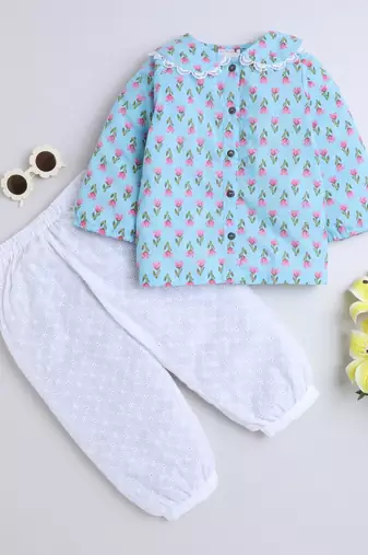 Blue cotton printed top and pant set for girls