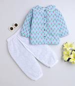 Blue cotton printed top and pant set for girls