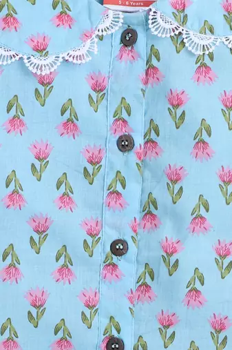 Blue cotton printed top and pant set for girls