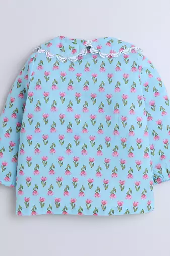 Blue cotton printed top and pant set for girls