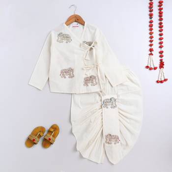 White cotton printed kurta and dhoti for boys 1