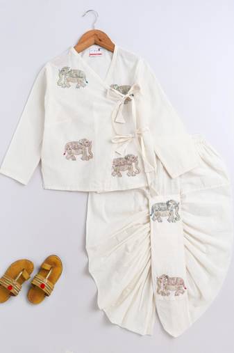 White cotton printed kurta and dhoti for boys