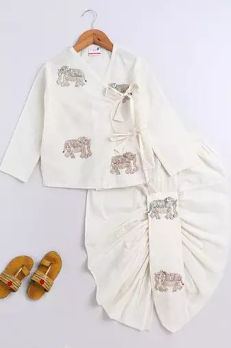 White cotton printed kurta and dhoti for boys