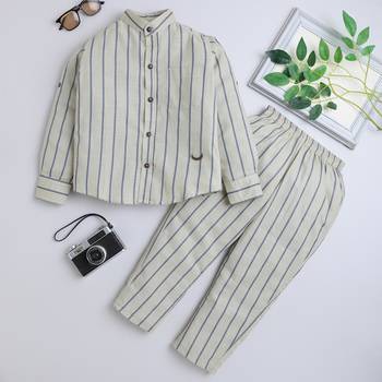 Blue cotton printed shirt and pant set for boys 1
