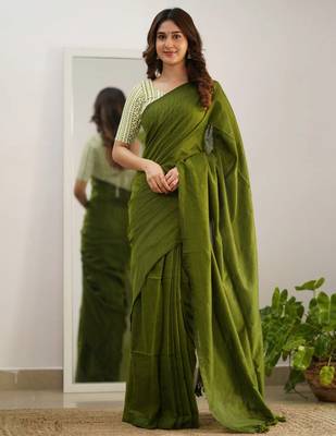 Tissue Cotton Handloom Saree With Printed Unstitched Blouse Piece 1