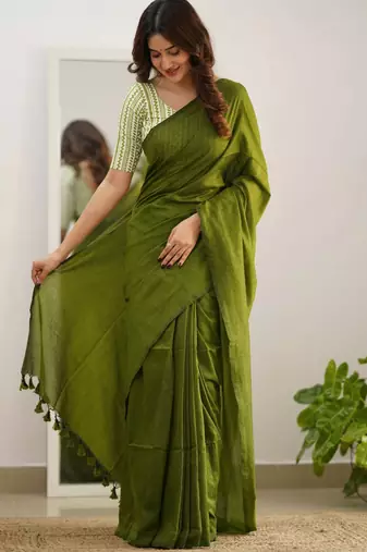 Trendmalls Tissue Cotton Handloom Saree With Printed Unstitched Blouse Piece