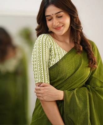 Tissue Cotton Handloom Saree With Printed Unstitched Blouse Piece 3