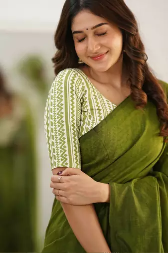Trendmalls Tissue Cotton Handloom Saree With Printed Unstitched Blouse Piece