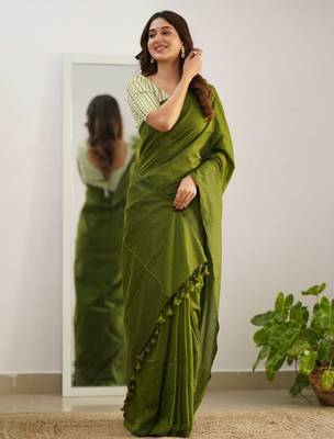Tissue Cotton Handloom Saree With Printed Unstitched Blouse Piece 6