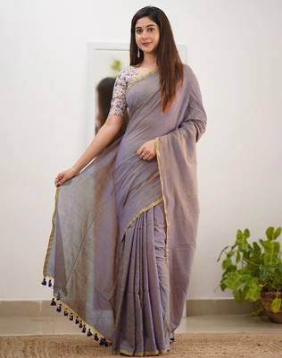 Tissue Cotton Handloom Saree With Printed Unstitched Blouse Piece 1