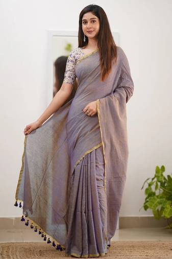 Trendmalls Tissue Cotton Handloom Saree With Printed Unstitched Blouse Piece