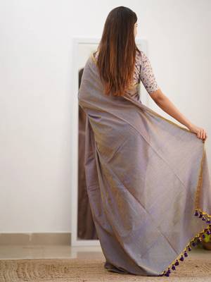 Tissue Cotton Handloom Saree With Printed Unstitched Blouse Piece 2