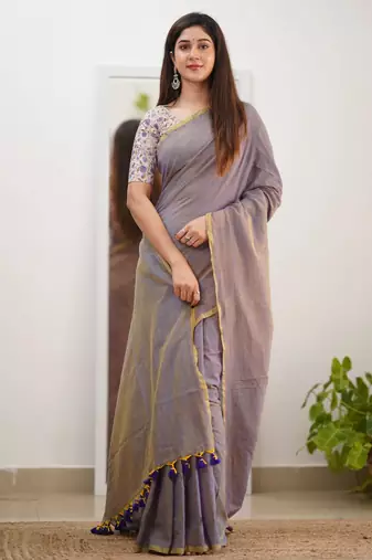 Tissue Cotton Handloom Saree With Printed Unstitched Blouse Piece