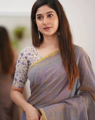 Tissue Cotton Handloom Saree With Printed Unstitched Blouse Piece 5
