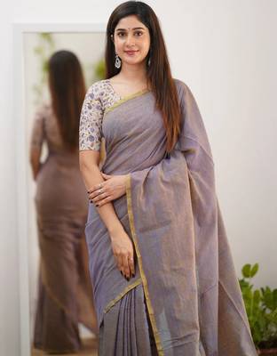 Tissue Cotton Handloom Saree With Printed Unstitched Blouse Piece 6