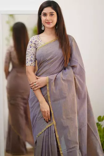 Tissue Cotton Handloom Saree With Printed Unstitched Blouse Piece