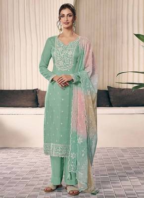 light green embroidered suit with organza dupatta 1