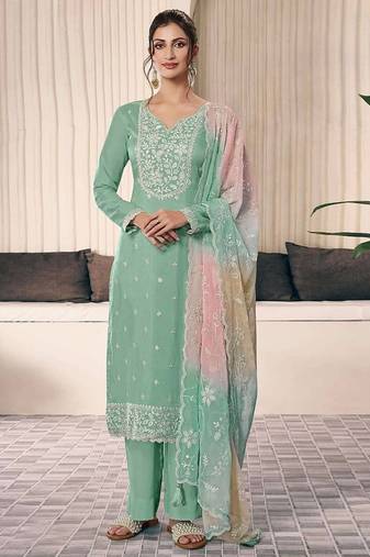 Elegant mint green embroidered cotton suit with pastel ombre organza dupatta