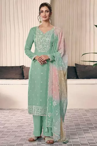 light green embroidered suit with organza dupatta