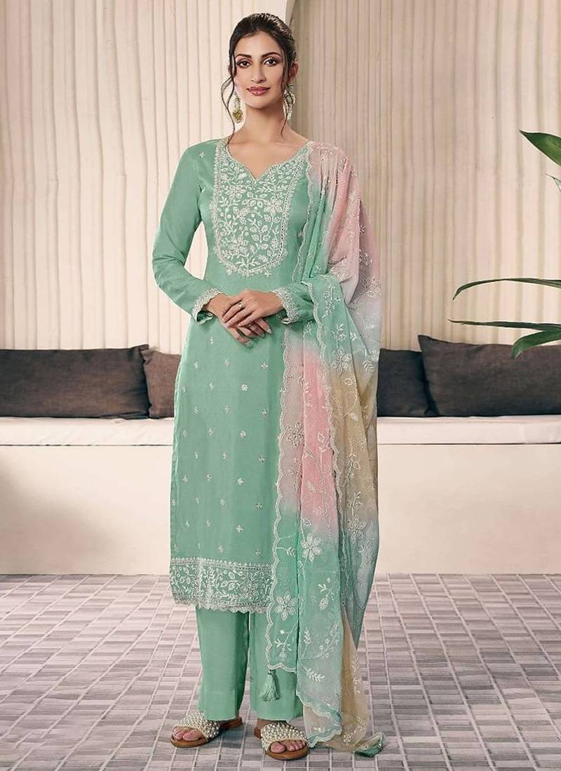 Elegant mint green embroidered cotton suit with pastel ombre organza dupatta