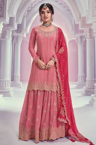 Elegant pink embroidered palazzo suit with heavy dupatta