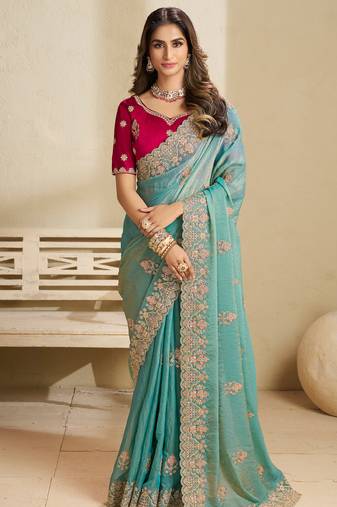 Sea green embroidery and glitter cords fendi fabric saree with embroidered silk blouse fabric