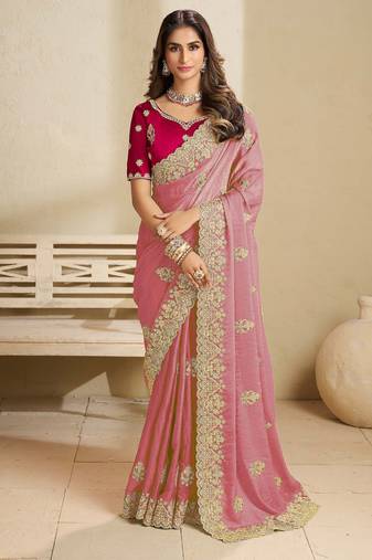 Pink embroidery and glitter cords fendi fabric saree with embroidered silk blouse fabric