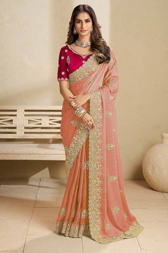 Peach embroidery and glitter cords fendi fabric saree with embroidered silk blouse fabric