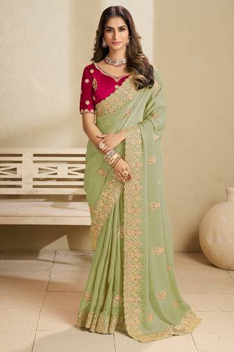 Pista embroidery and glitter cords fendi fabric saree with embroidered silk blouse fabric