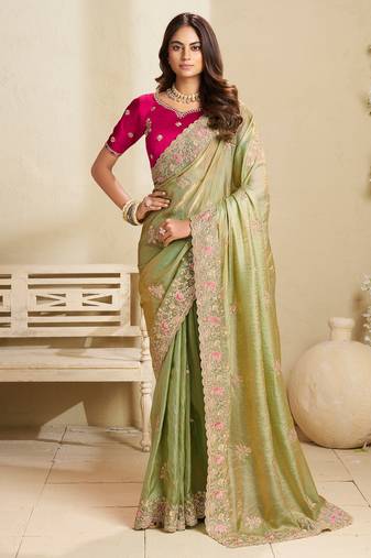 Green embroidery and glitter cords fendi fabric saree with embroidered silk blouse fabric
