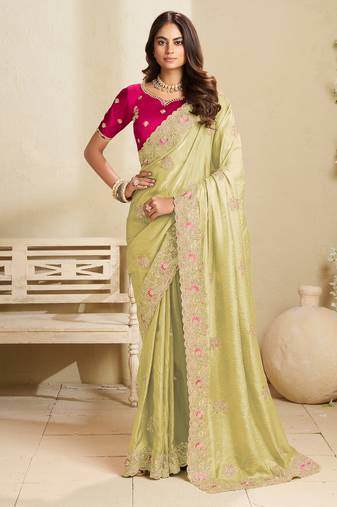 Pista embroidery and glitter cords fendi fabric saree with embroidered silk blouse fabric