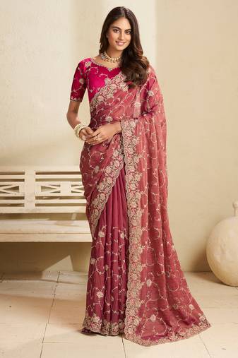 Gajri embroidery and glitter cords fendi fabric saree with embroidered silk blouse fabric