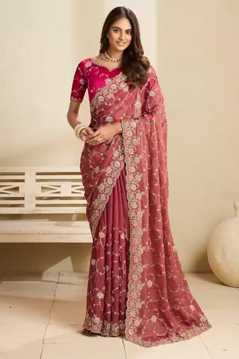 Gajri embroidery and glitter cords fendi fabric saree with embroidered silk blouse fabric