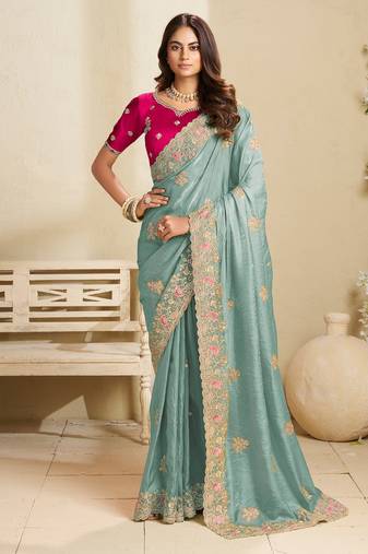 Sky embroidery and glitter cords fendi fabric saree with embroidered silk blouse fabric