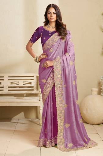 Purple embroidery and glitter cords fendi fabric saree with embroidered silk blouse fabric