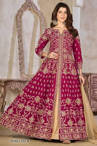 Magenta art silk heavy embroidered work semi stitched anarakali suit
