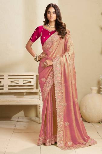 Orange embroidery and glitter cords fendi fabric saree with embroidered silk blouse fabric