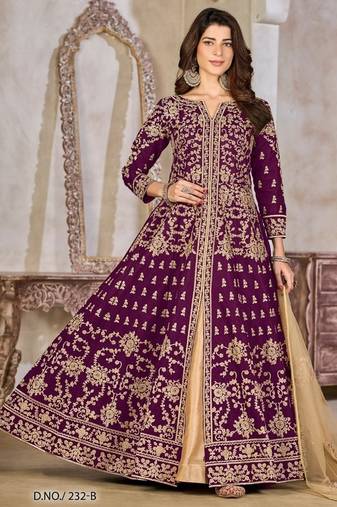Purple art silk heavy embroidered work semi stitched anarakali suit